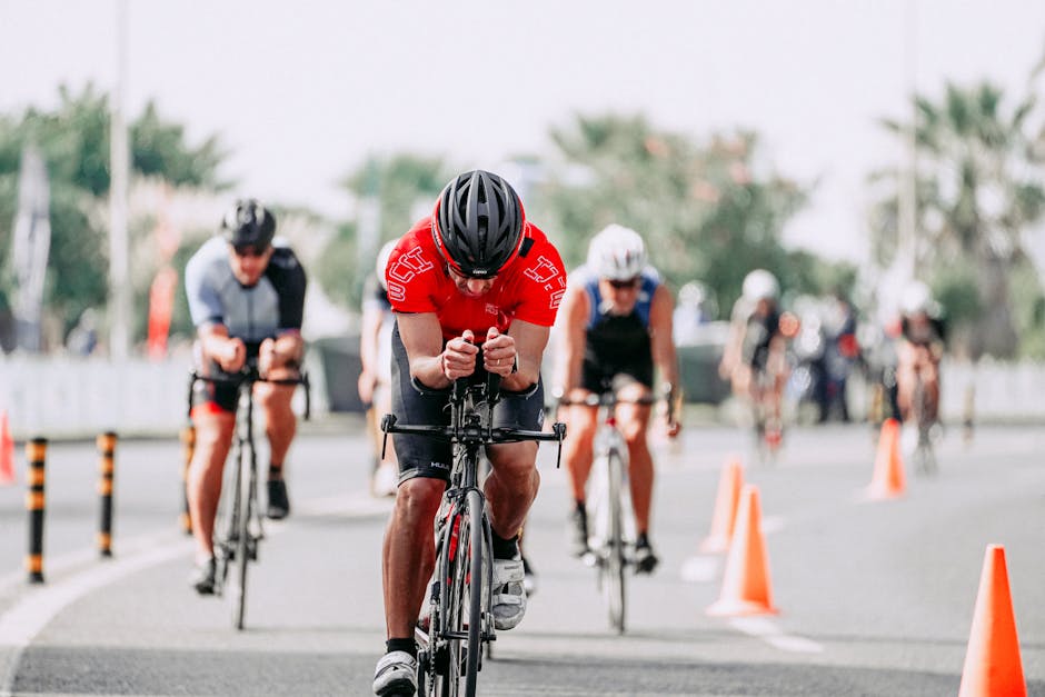 Dynamic shot of cyclists competing in an urban triathlon, showcasing endurance and speed.